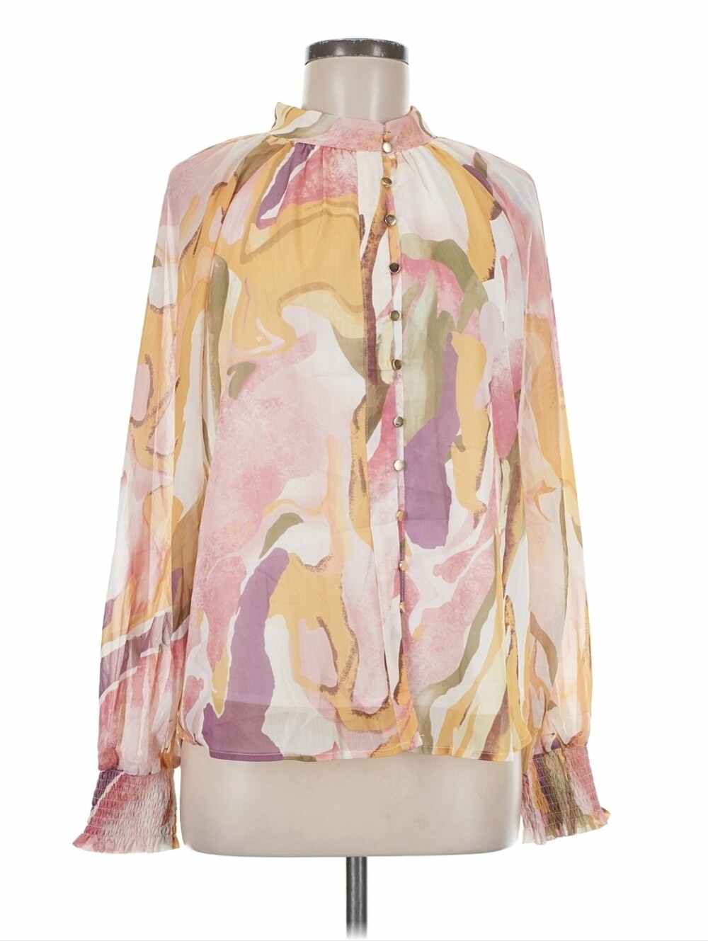 Zesica Watercolor Abstract Swirl Print Long-Sleeve Blouse